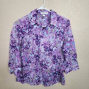 Coldwater Creek Purple and Blue Splash Print Button Down Shirt XS (4493)